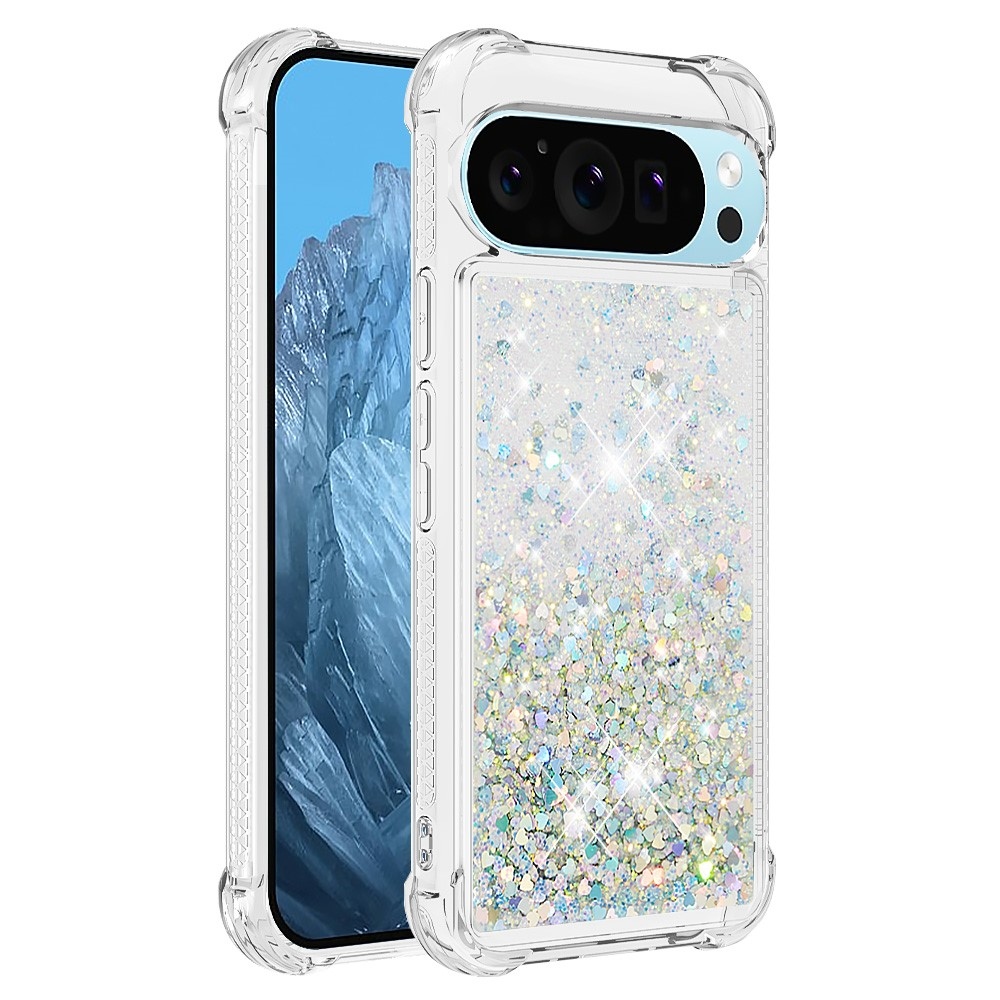 Glitter presýpací gélový obal na Google Pixel 10 Pro/Pixel 10 - strieborný/srdiečka