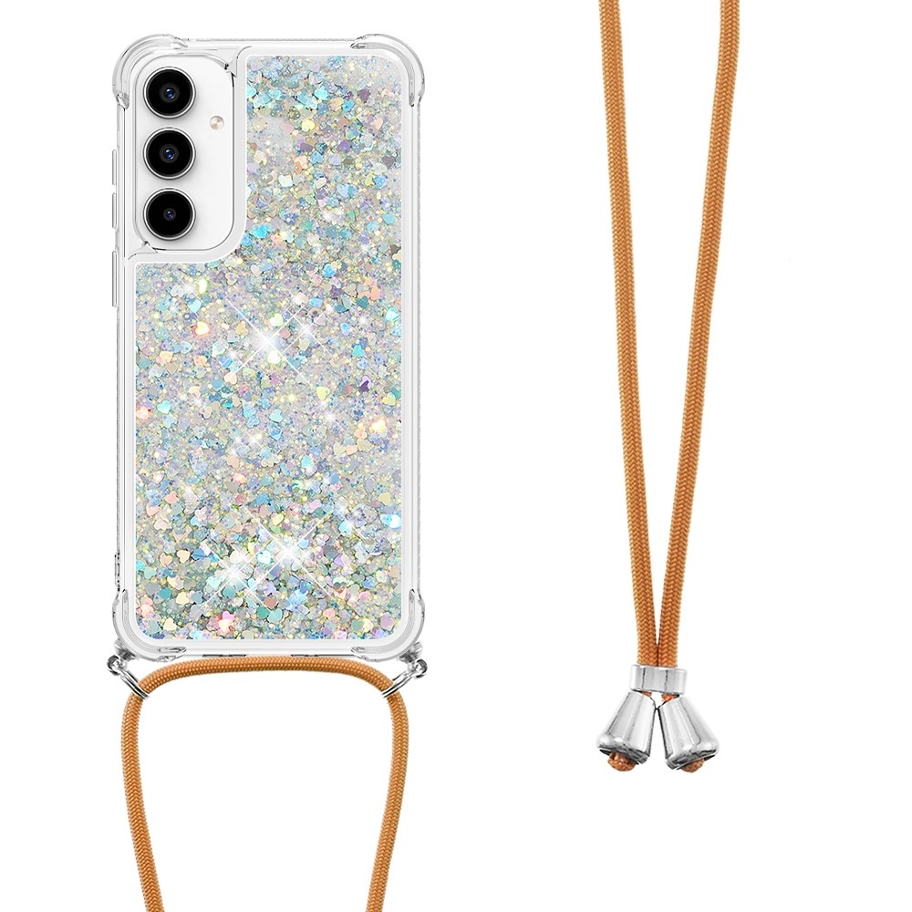 Glitters presýpacie gélový obal so šnúrkou na Samsung Galaxy A36 5G - strieborný/srdiečka