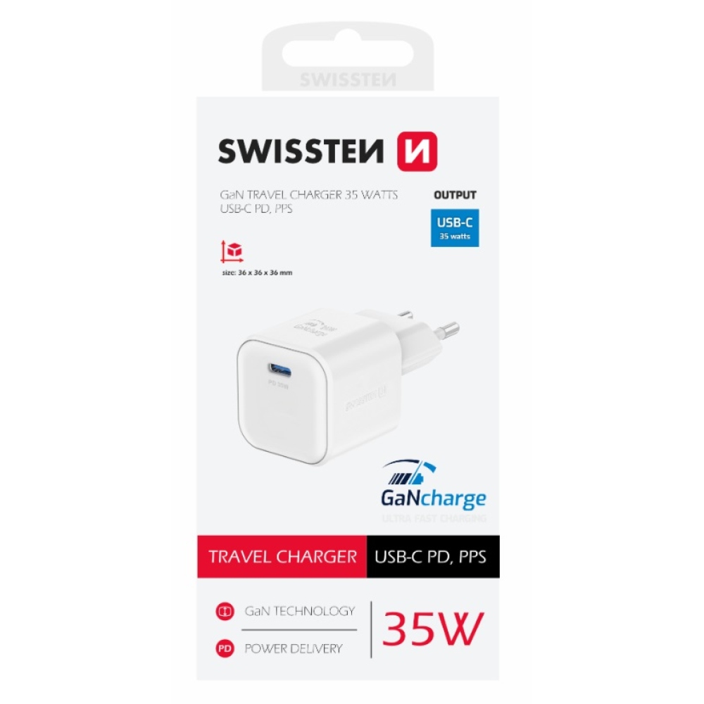Nabíjačka Swissten GaN 1x USB-C 35W power delivery - biela