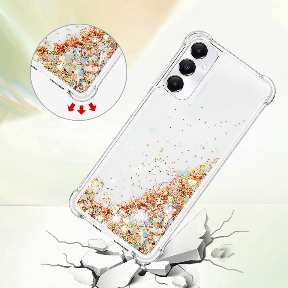 Glitter gélový presýpací obal na Samsung Galaxy A05s - zlatý/srdiečka