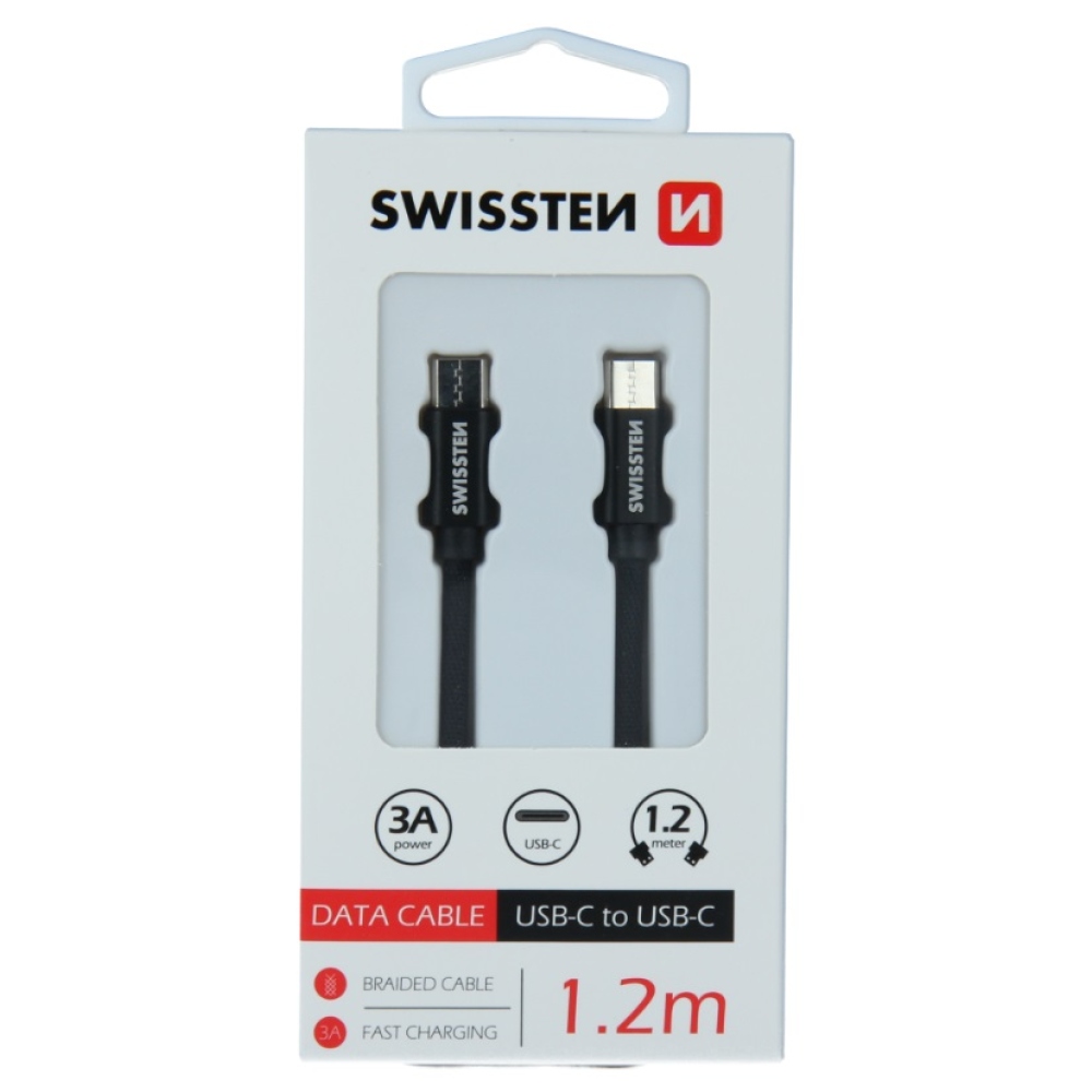 Swissten tkaný kábel USB-C/USB-C pre nabíjanie a synchronizáciu 1,2 m - čierny