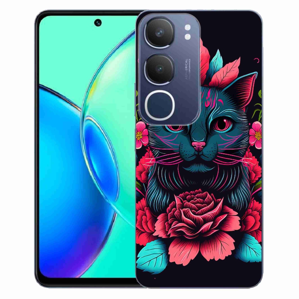 Gélový kryt mmCase na Vivo Y19s - kvety a mačka