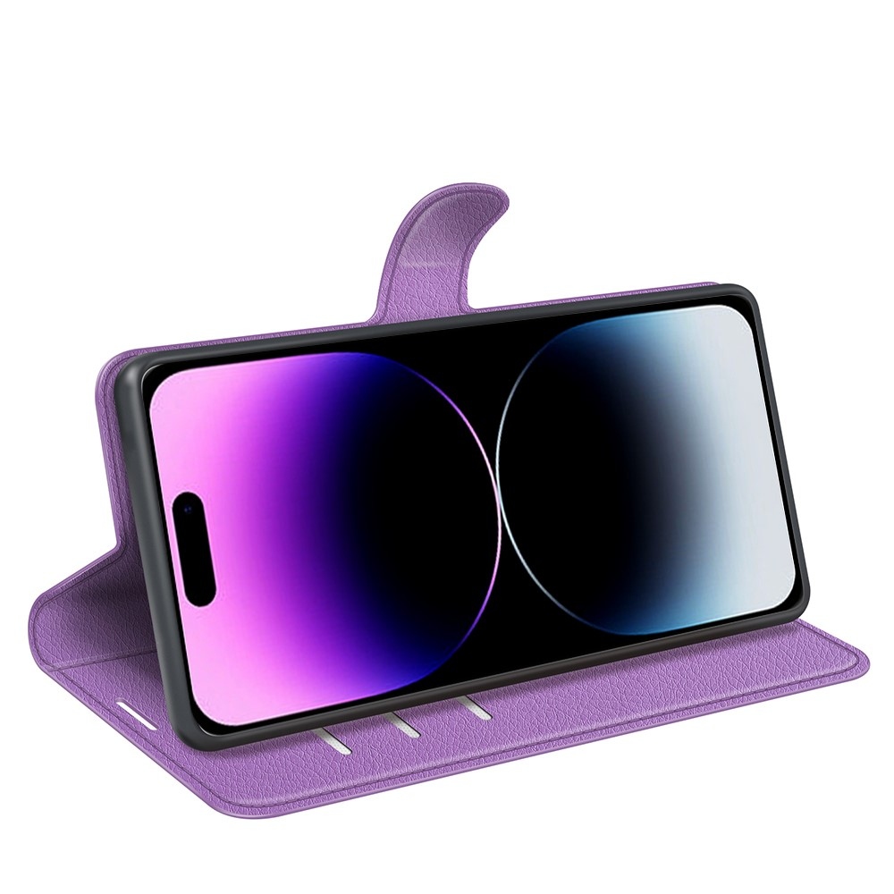 Litchi knižkové puzdro na iPhone 15 Pro Max - fialové