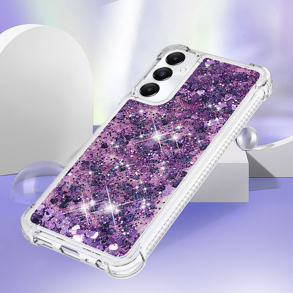 Glitter gélový presýpací obal na Samsung Galaxy A05s - tmavofialový/srdiečka