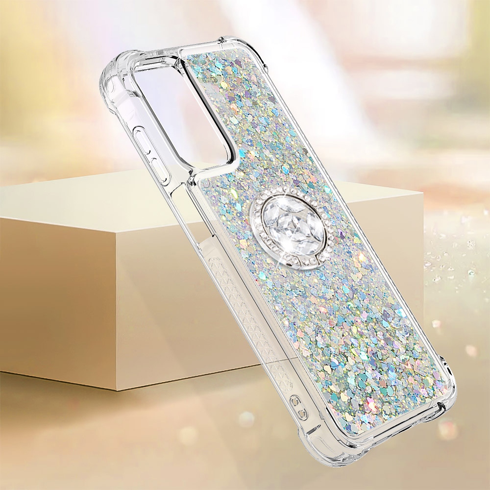 Glitt presýpací gélový obal s krúžkom na prst na Samsung Galaxy A17 5G - strieborný/srdiečka