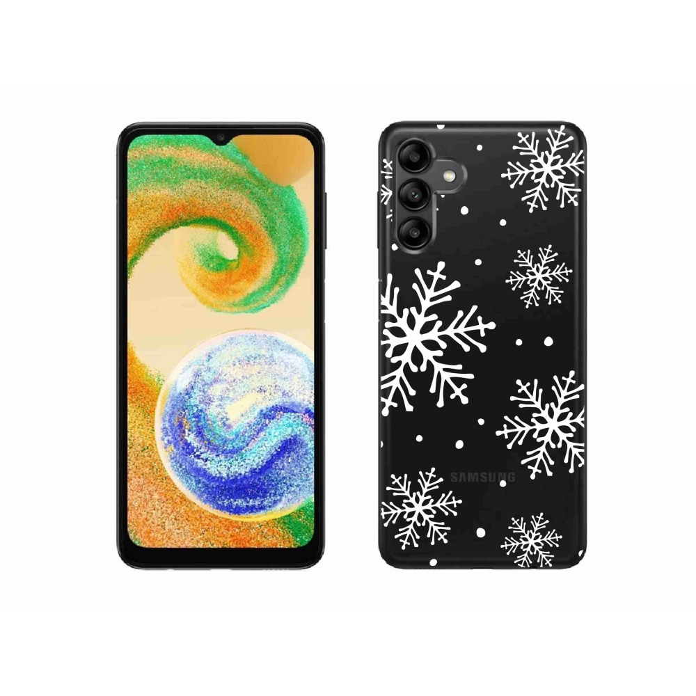 Gélový kryt mmCase na Samsung Galaxy A04s (164.7x76.7x9.1mm) - biele vločky na priehľadnom pozadí