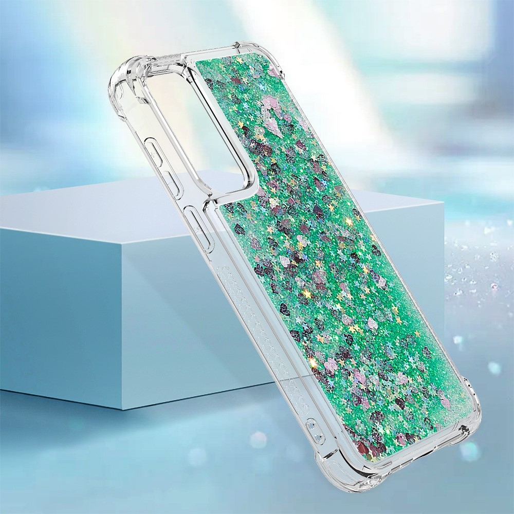 Glitter gélový presýpací obal na Samsung Galaxy A35 5G - zelený/srdiečka