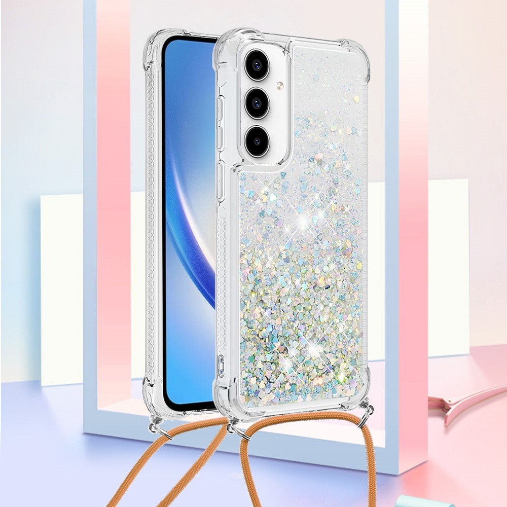 Glitters presýpacie gélový obal so šnúrkou na Samsung Galaxy A36 5G - strieborný/srdiečka