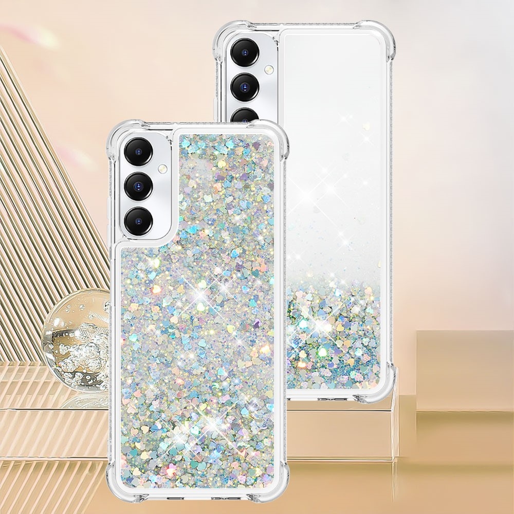 Glitter gélový presýpací obal na Samsung Galaxy A05s - strieborný/srdiečka