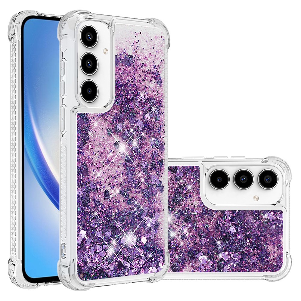 Glitter gélový presýpací obal na Samsung Galaxy A35 5G - tmavofialový/srdiečka