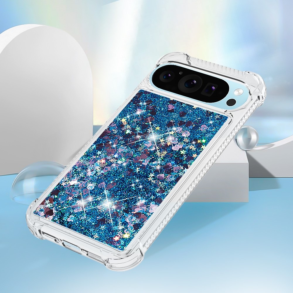 Glitter presýpací gélový obal na Google Pixel 10 Pro/Pixel 10 - modrý/srdiečka