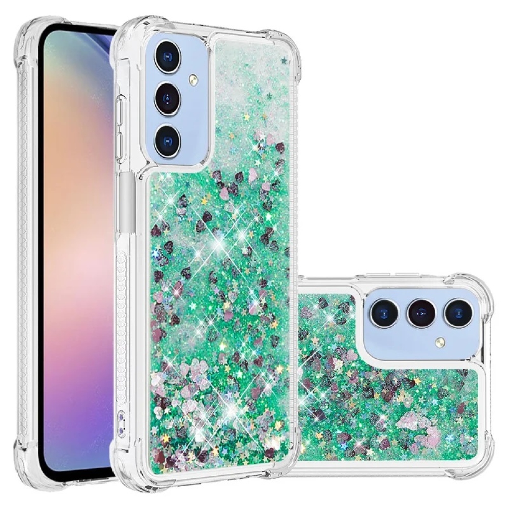 Glitter gélový presýpací obal na Samsung Galaxy A16 4G/5G - zelený/srdiečka