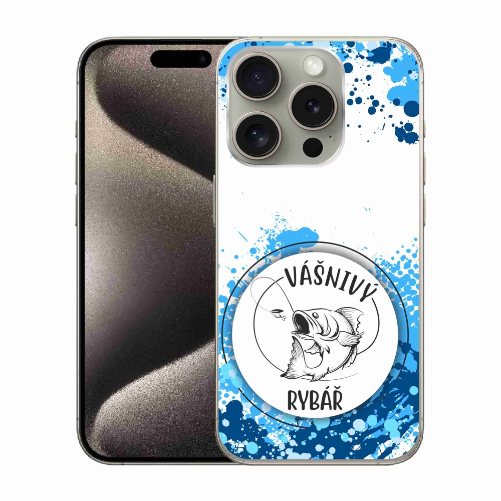 Gélový kryt mmCase na iPhone 15 Pro - vášnivý rybár biele pozadie