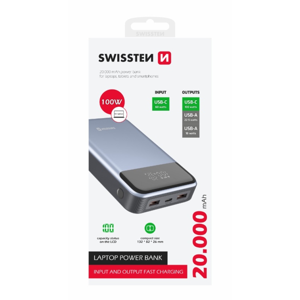 Swissten PowerBank 20000 mAh 100W Power Delivery pre notebooky