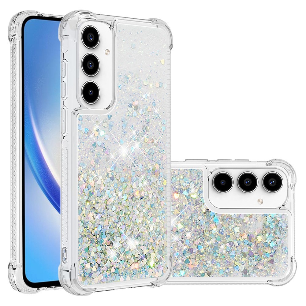 Glitter gélový presýpací obal na Samsung Galaxy A35 5G - strieborný/srdiečka