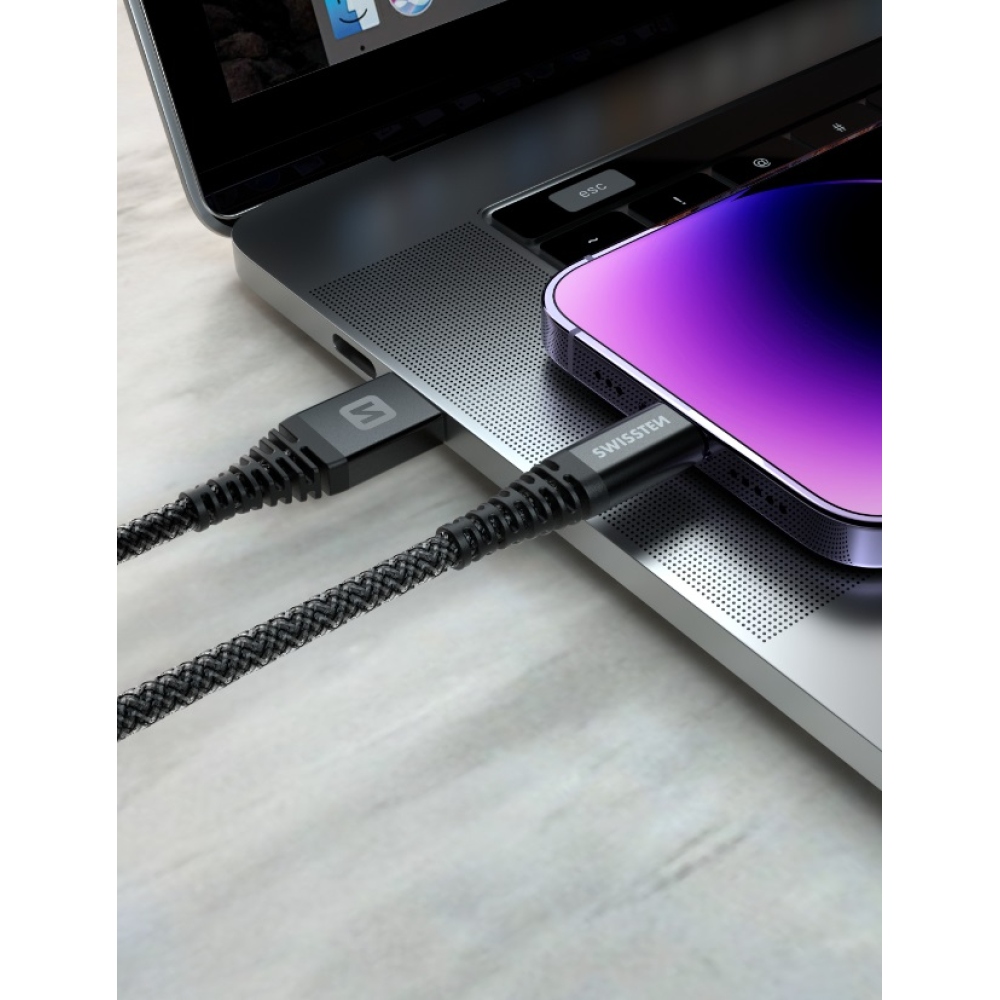 Swissten dátový kábel Kevlar USB-C/Lightning 1,5m - antracitový