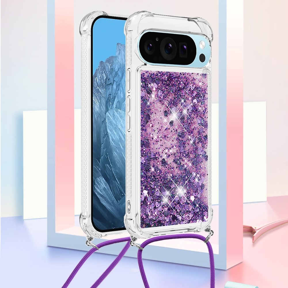 Glitters presýpací gélový obal so šnúrkou na Google Pixel 10 Pro/Pixel 10 - tmavofialový/srdiečka