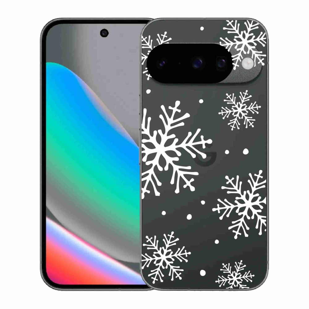 Gélový kryt mmCase na Google Pixel 10 - biele vločky na priehľadnom pozadí