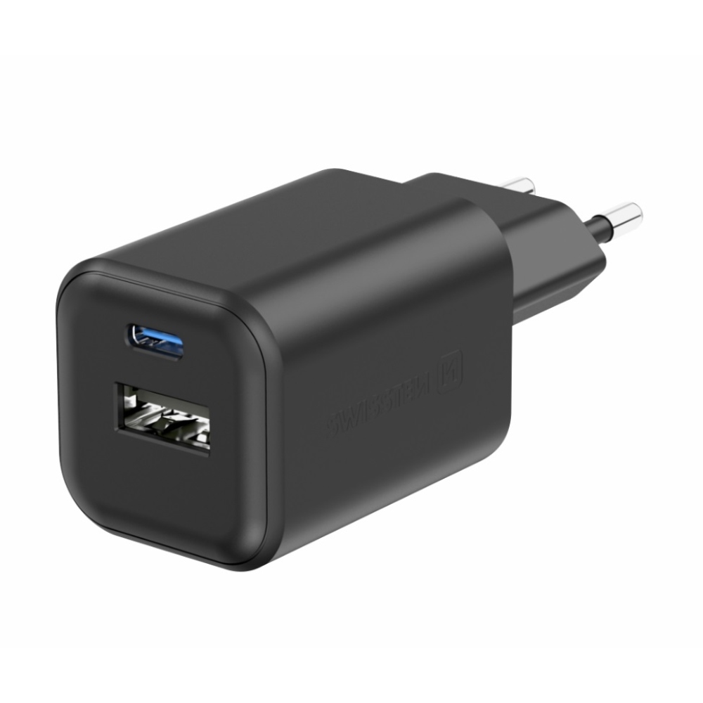 Nabíjačka Swissten GaN 1x USB-C 45W PD + 1x USB-A 18W QC - čierna