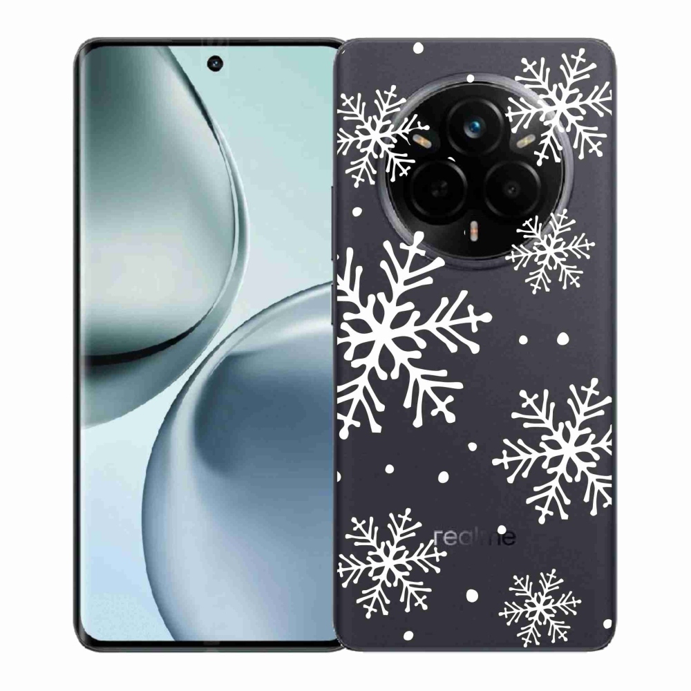 Gélový kryt mmCase na Realme 14 Pro+ 5G - biele vločky na priehľadnom pozadí