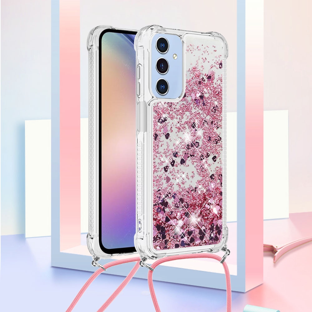 Glitters presýpací gélový obal so šnúrkou na Samsung Galaxy A17 5G - ružovozlatý/srdiečka