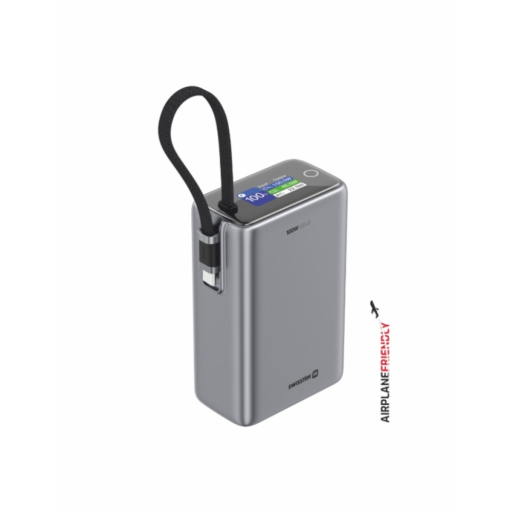 Swissten cestovná powerbanka 25000 mAh (96.25Wh) 100 W s integrovaným káblom USB-C - šedá