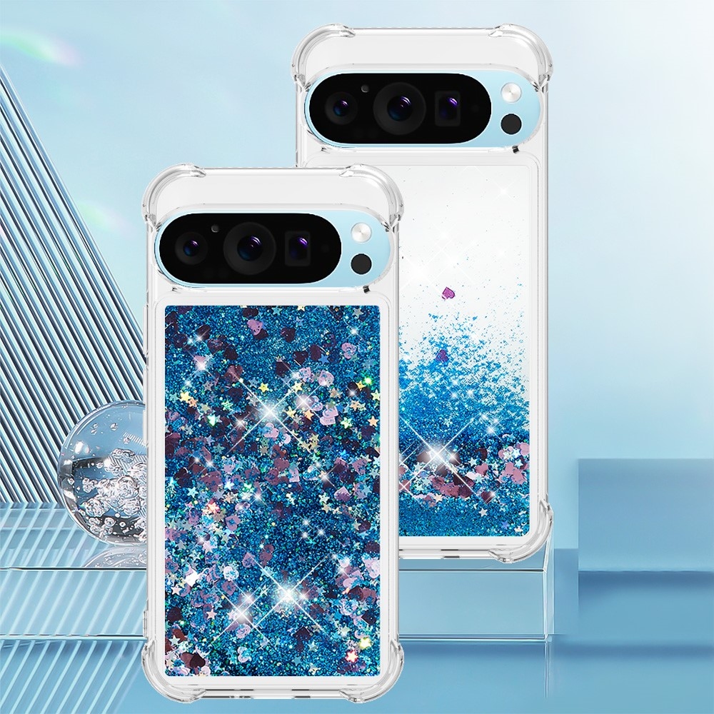 Glitter presýpací gélový obal na Google Pixel 10 Pro/Pixel 10 - modrý/srdiečka