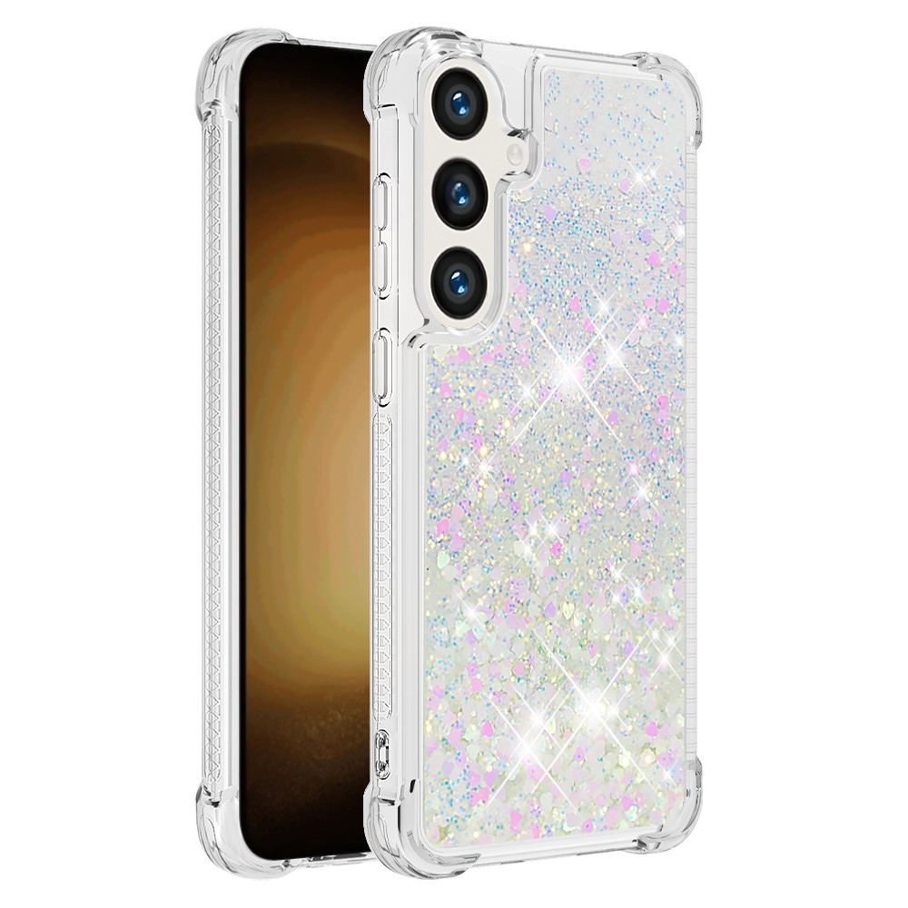 Glitter presýpací gélový obal na mobil Samsung Galaxy S24+ - ružovostrieborný/srdiečka