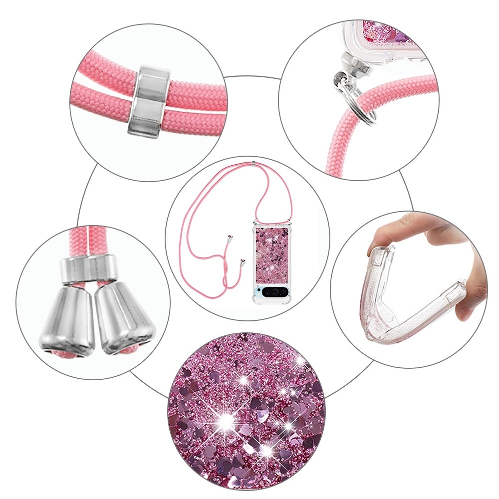 Glitters presýpací gélový obal so šnúrkou na Google Pixel 10 Pro/Pixel 10 - ružovozlatý/srdiečka