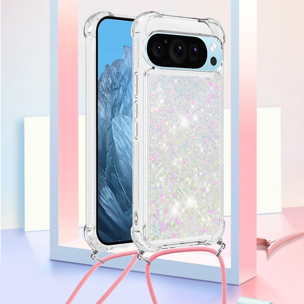 Glitters presýpací gélový obal so šnúrkou na Google Pixel 10 Pro/Pixel 10 - ružovostrieborný/srdiečka