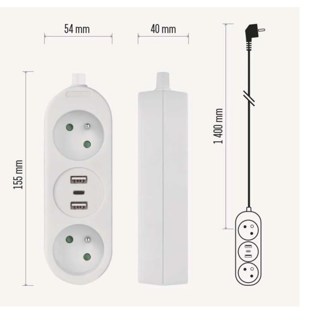 Predlžovací kábel 1,4 m / 2 zásuvky + 2 × USB-A + 1 × USB-C / biely / PVC / 1,5 mm2