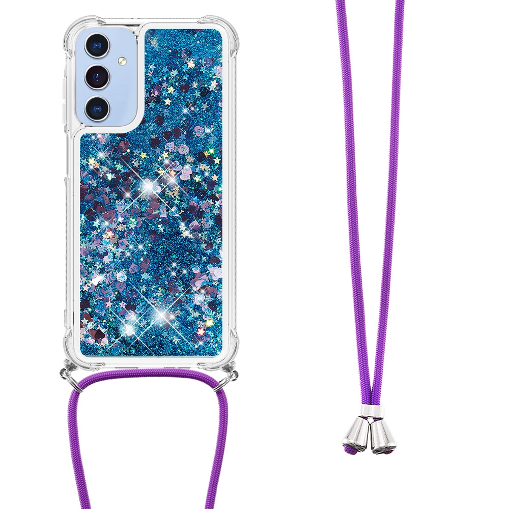 Glitters presýpacie gélový obal so šnúrkou na Samsung Galaxy A17 5G - modrý/srdiečka