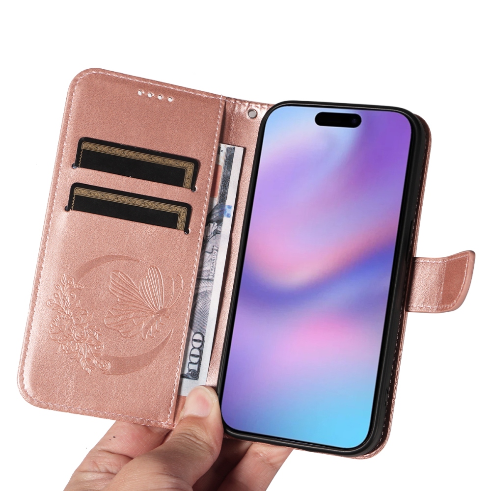 Floral Butterfly knižkové púzdro na iPhone 17 - ružovozlaté