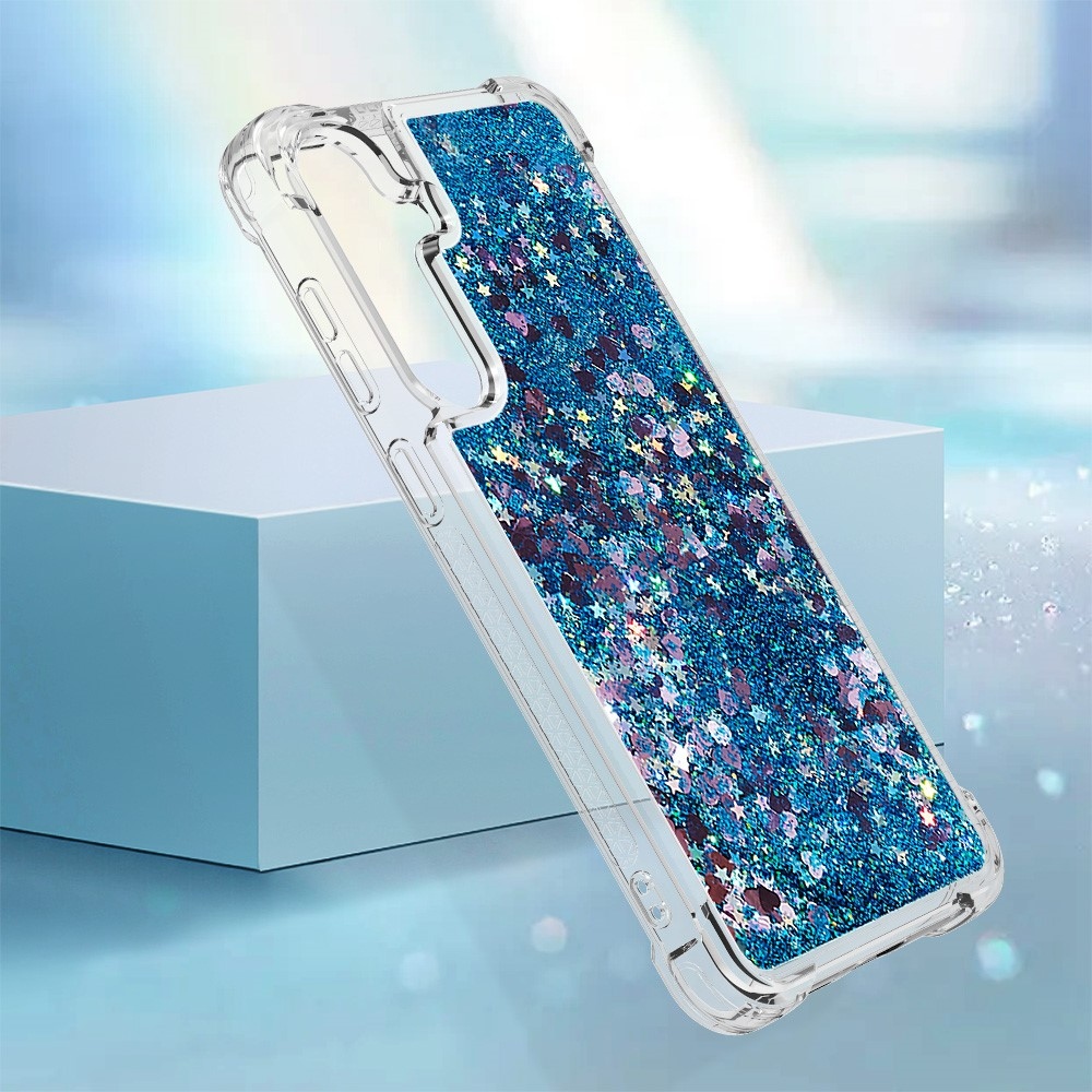 Glitter presýpací gélový obal na mobil Samsung Galaxy S24+ - modrý/srdiečka