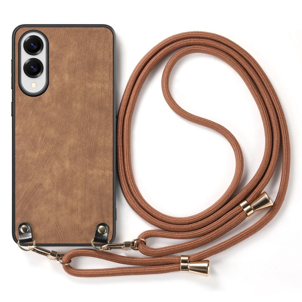 Retro gélový obal so šnúrkou as umelou kožou na Samsung Galaxy S25 Edge - hnedý