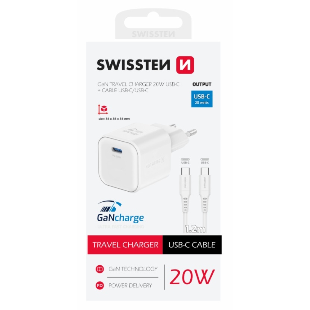 Nabíjačka Swissten GaN 1x USB-C 20W Power Delivery + kábel USB-C/USB-C 1,2m - biela