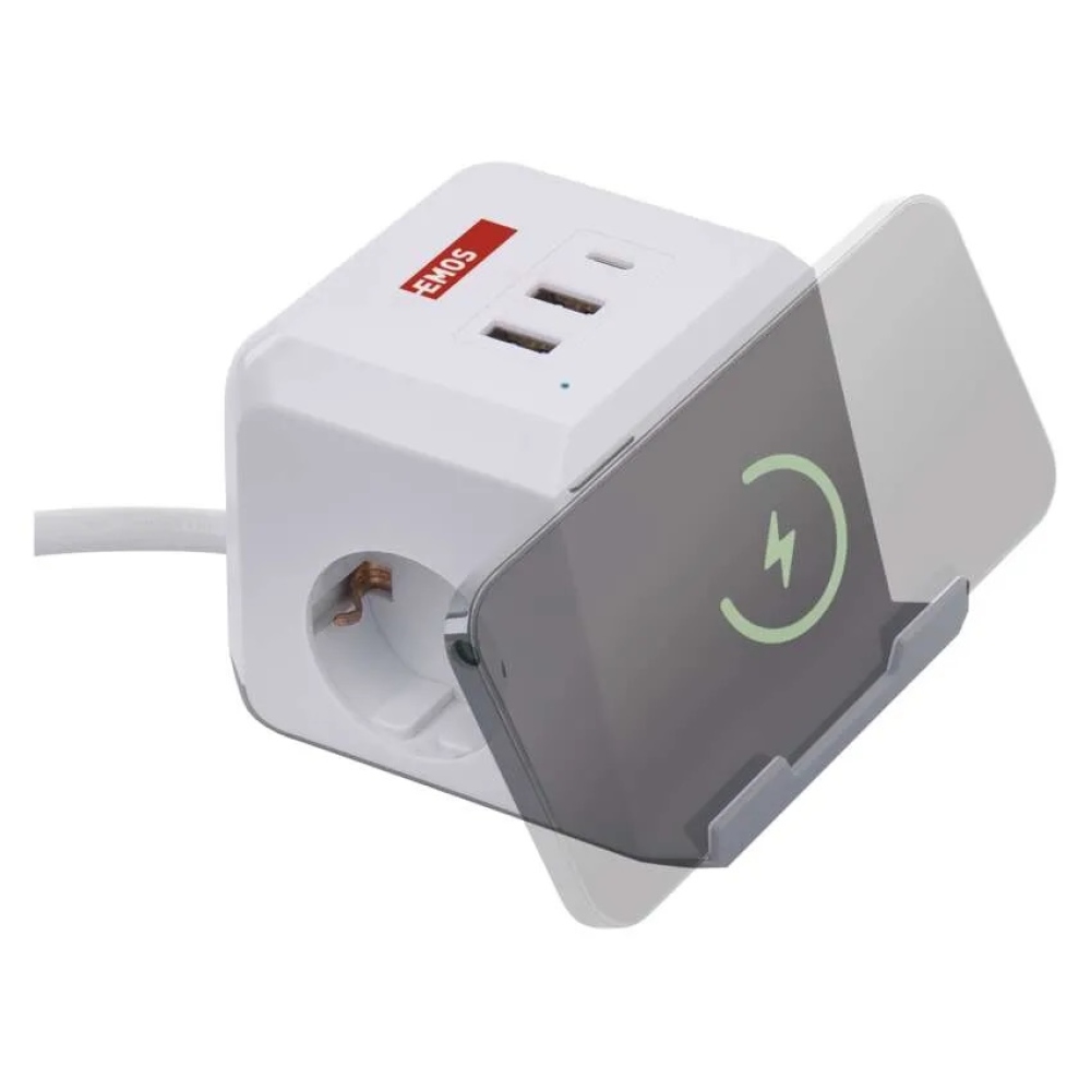 Predlžovací kábel - kocka 2 m / 2 zásuvky / biely / 2×USB-A+1×USB-C+Qi / 1,5 mm2