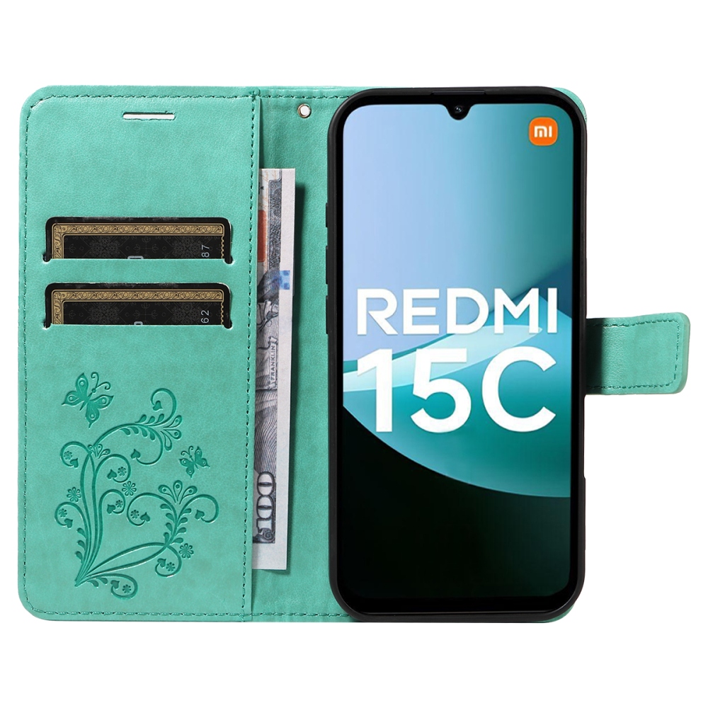 Big Butterfly knižkové púzdro na Xiaomi Redmi 15C 4G/5G (173mm) - modrozelené