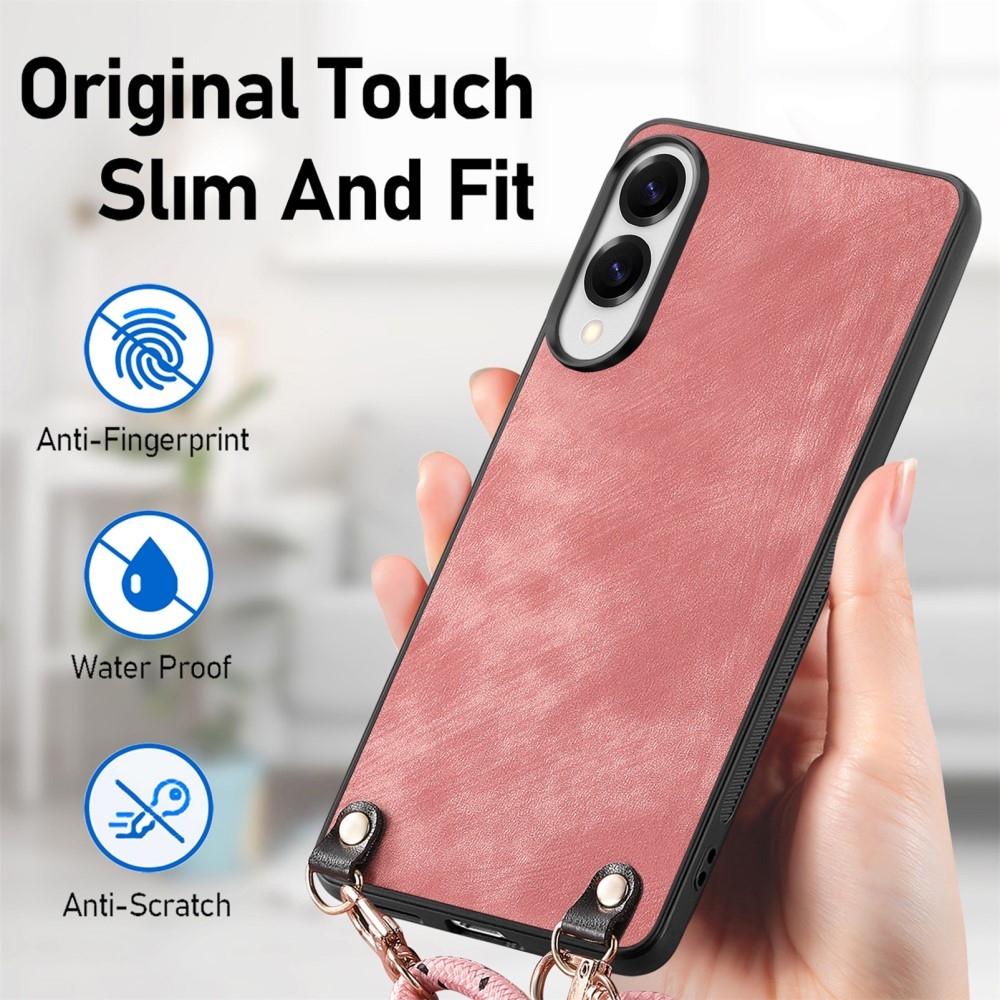 Retro gélový obal so šnúrkou as umelou kožou na Samsung Galaxy S25 Edge - ružový