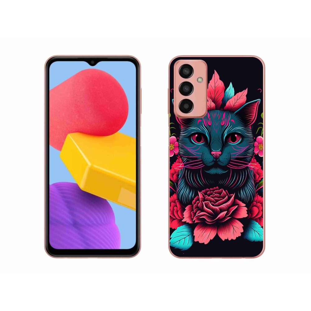 Gélový kryt mmCase na Samsung Galaxy M13 - kvety a mačka