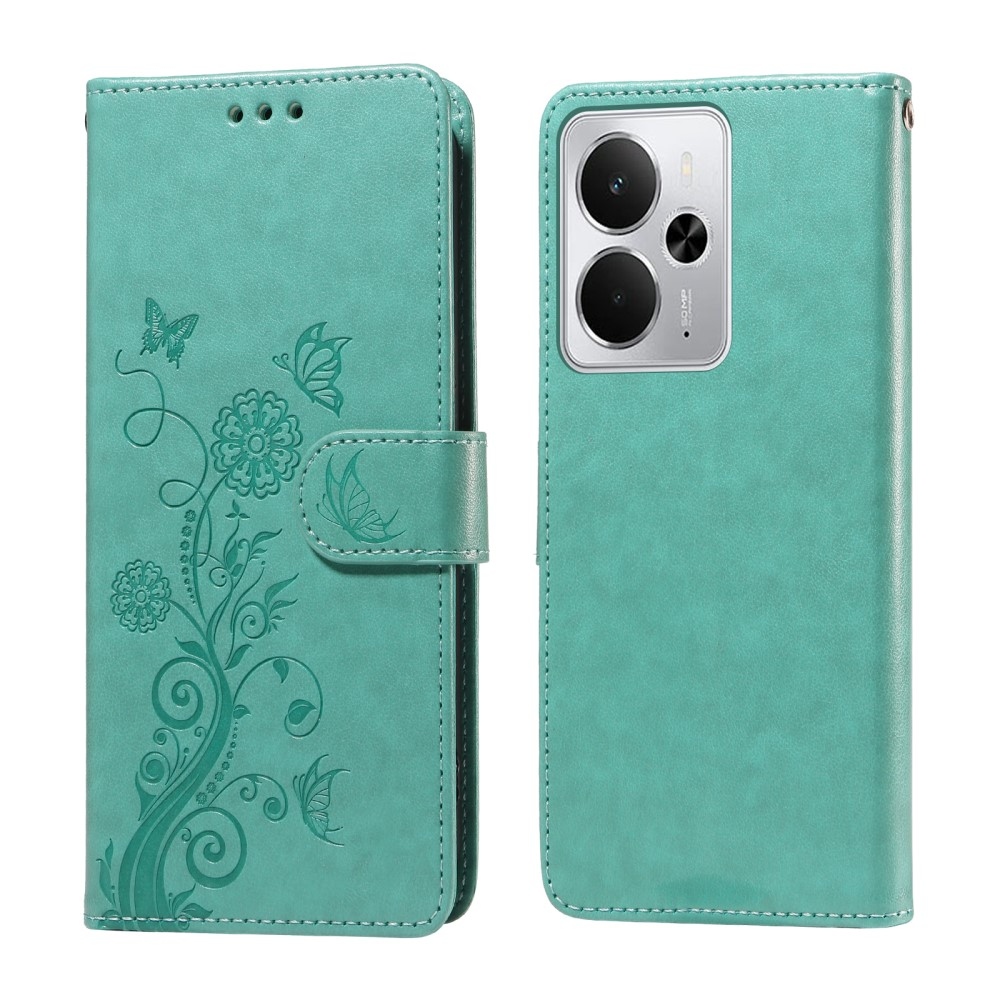 Flowery knižkové puzdro na Realme 14 5G - modrozelené