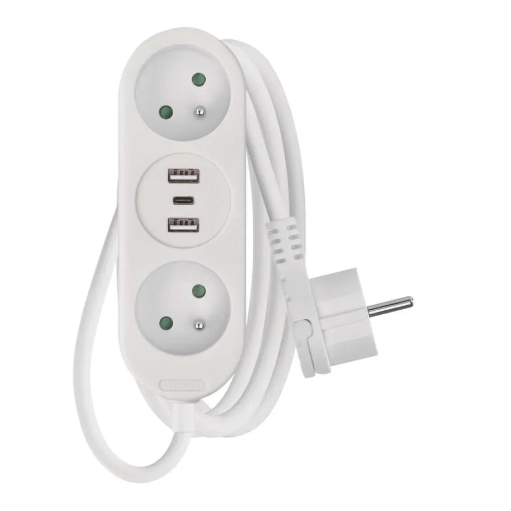 Predlžovací kábel 1,4 m / 2 zásuvky + 2 × USB-A + 1 × USB-C / biely / PVC / 1,5 mm2