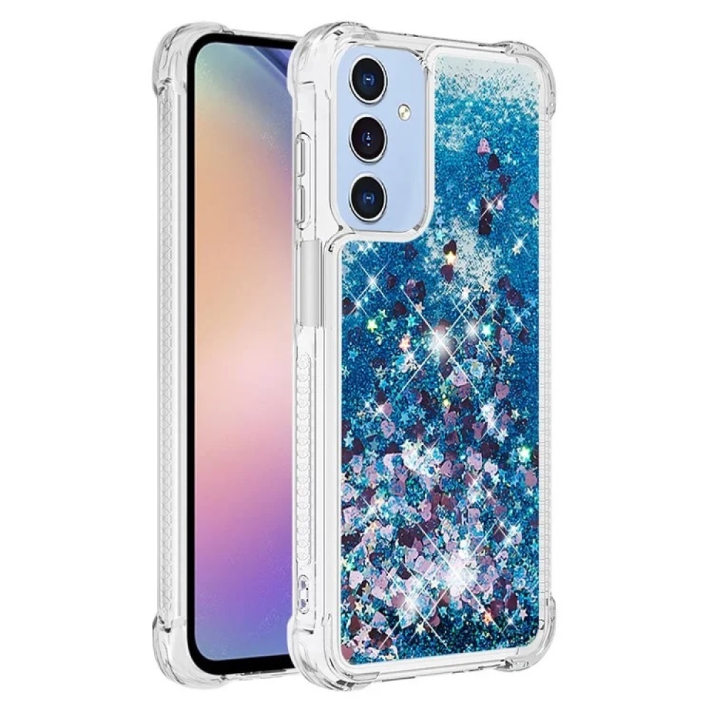 Glitter gélový presýpací obal na Samsung Galaxy A15 4G/5G - modrý/srdiečka