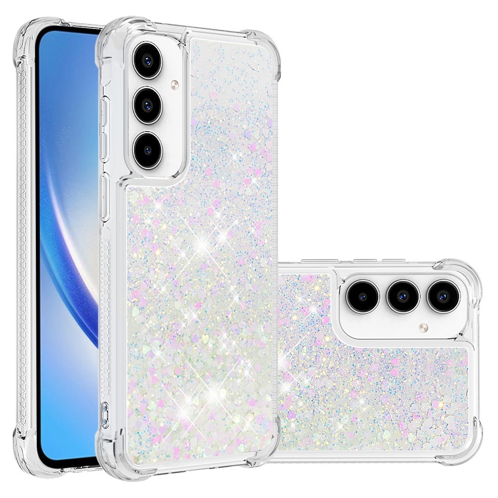 Glitter gélový presýpací obal na Samsung Galaxy A55 5G - ružovo strieborný/srdiečka