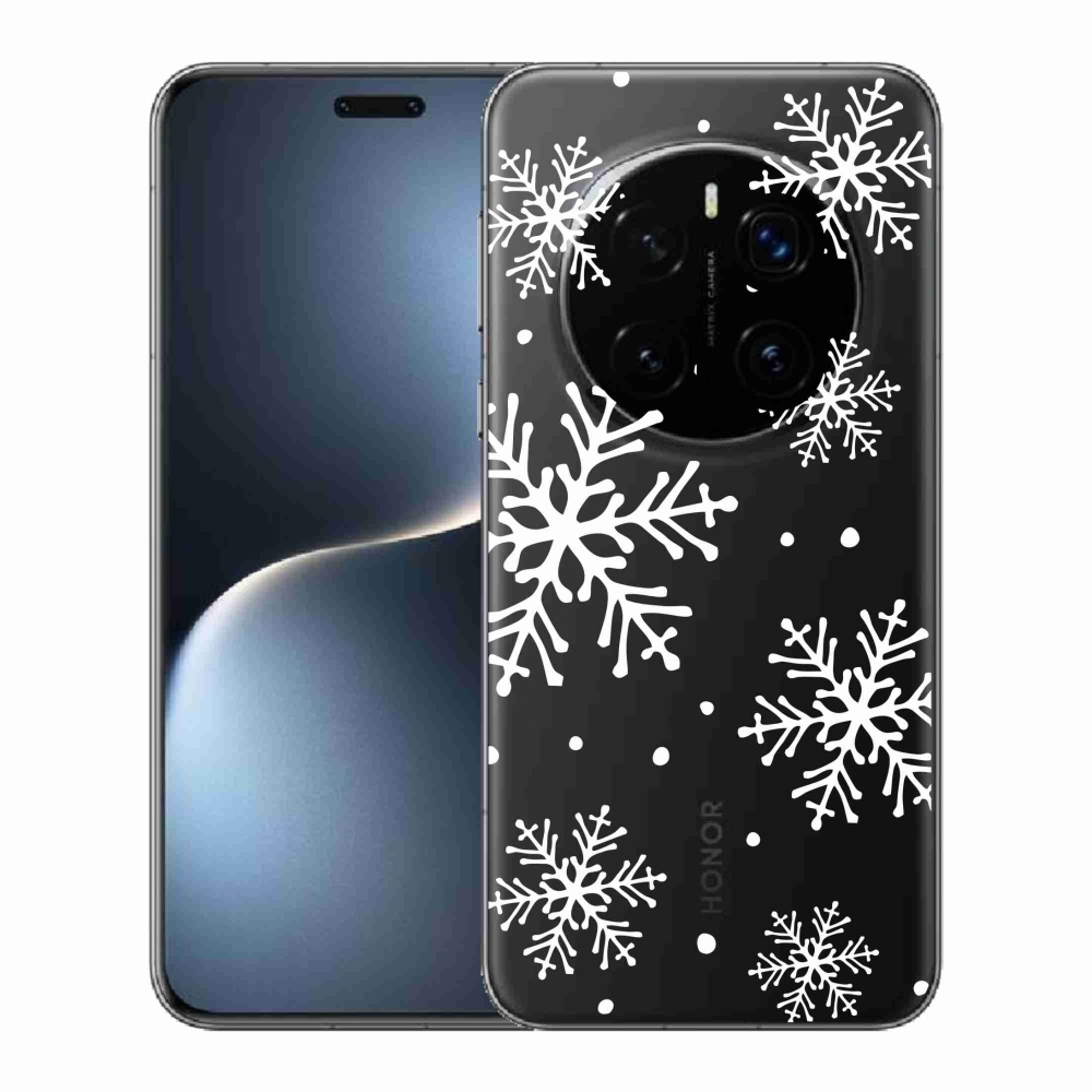 Gélový kryt mmCase na Honor Magic 7 Pro 5G - biele vločky na priehľadnom pozadí