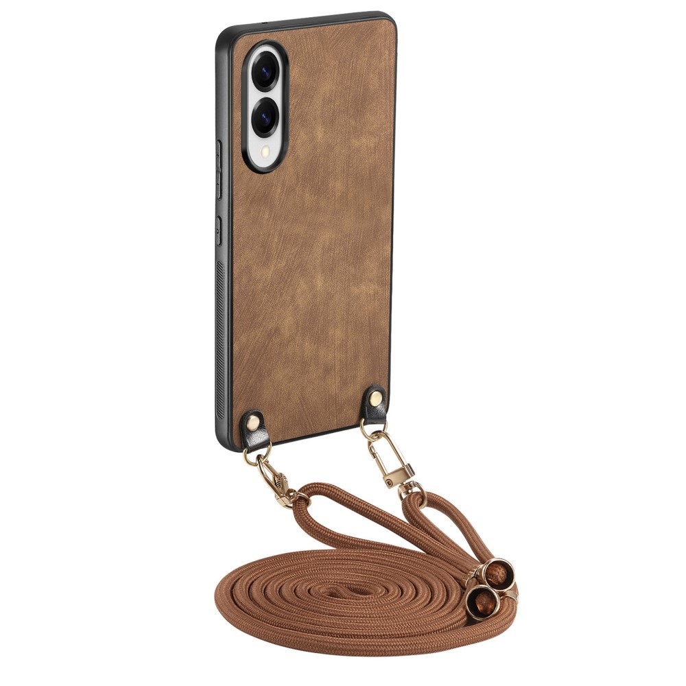 Retro gélový obal so šnúrkou as umelou kožou na Samsung Galaxy S25 Edge - hnedý