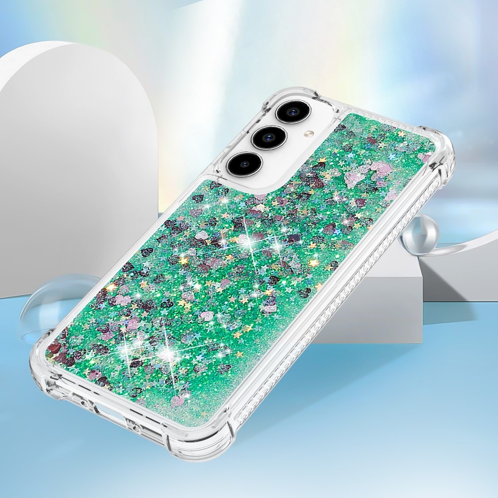 Glitter gélový presýpací obal na Samsung Galaxy A35 5G - zelený/srdiečka