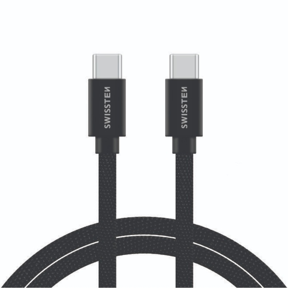 Swissten tkaný kábel USB-C/USB-C pre nabíjanie a synchronizáciu 2 m - čierny