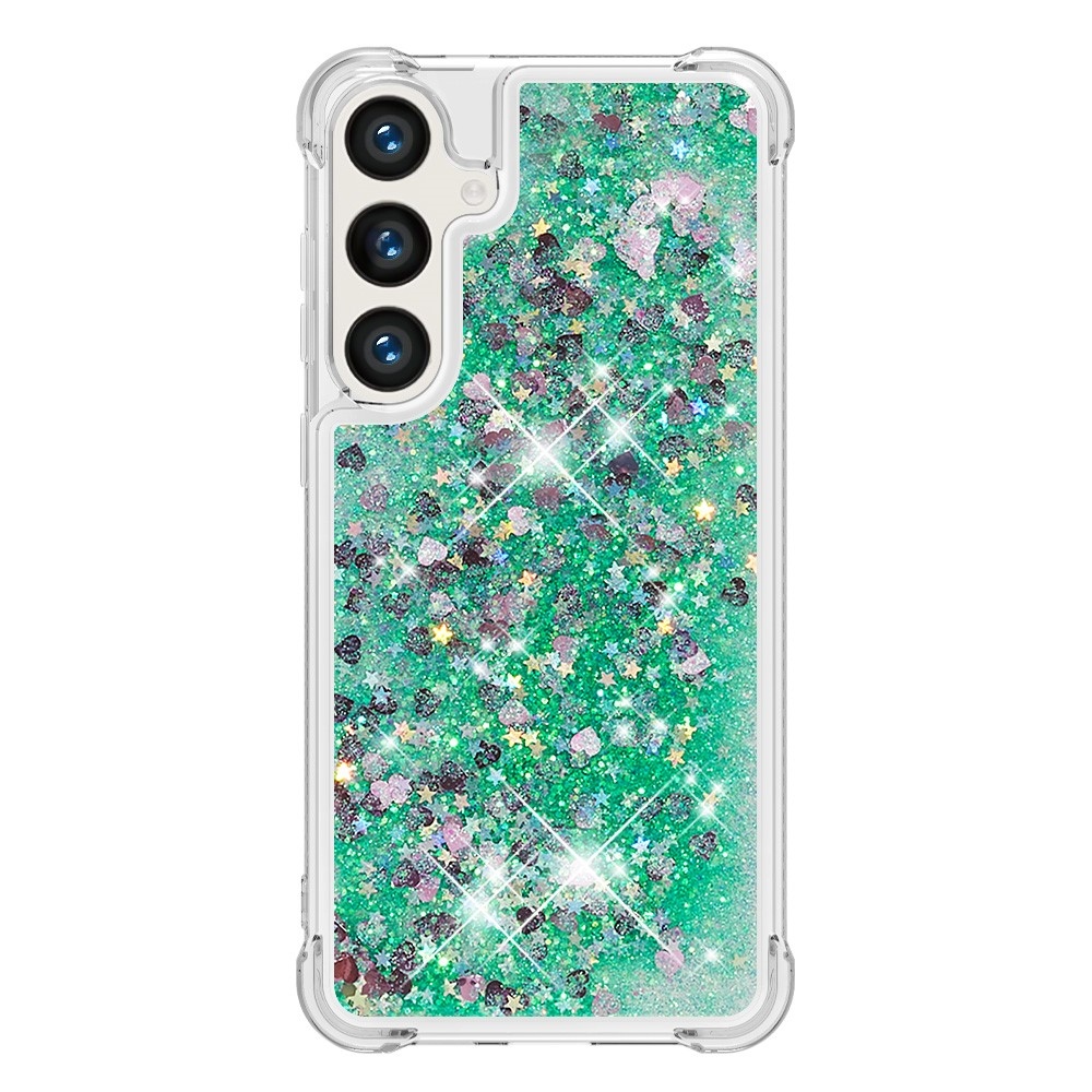 Glitter presýpací gélový obal na mobil Samsung Galaxy S24+ - zelený/srdiečka