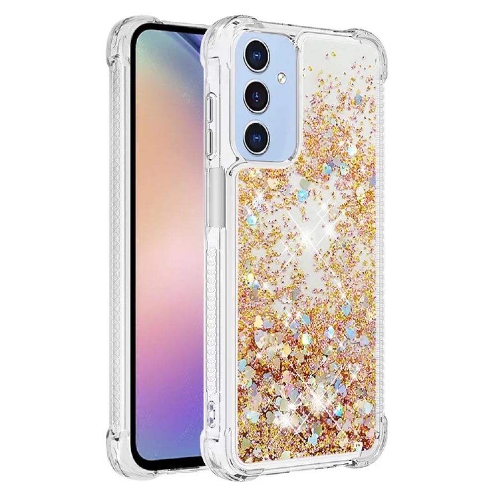 Glitter gélový presýpací obal na Samsung Galaxy A15 4G/5G - zlatý/srdiečka